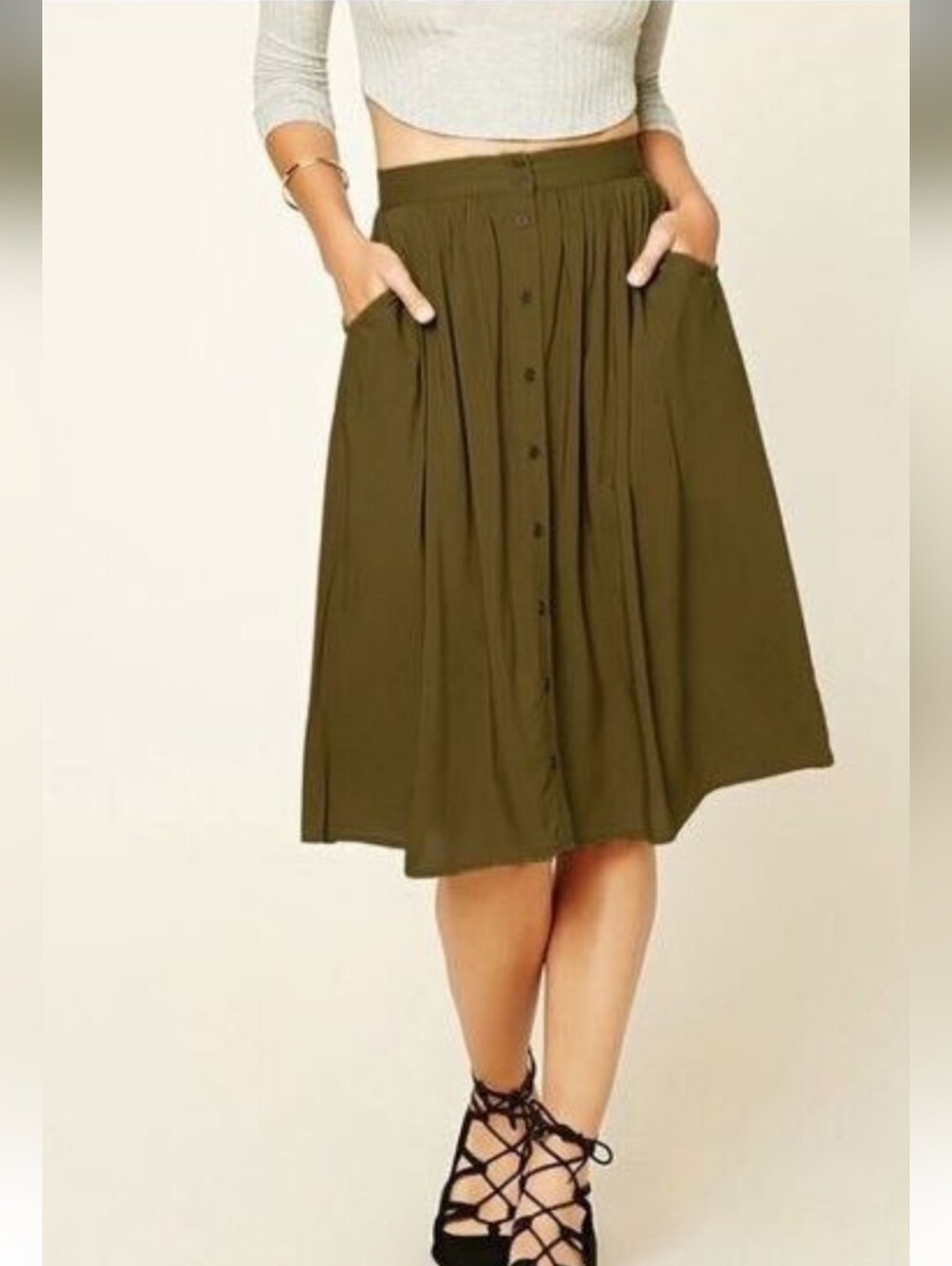 Forever 21 Olive Green Button-Front Midi Skirt